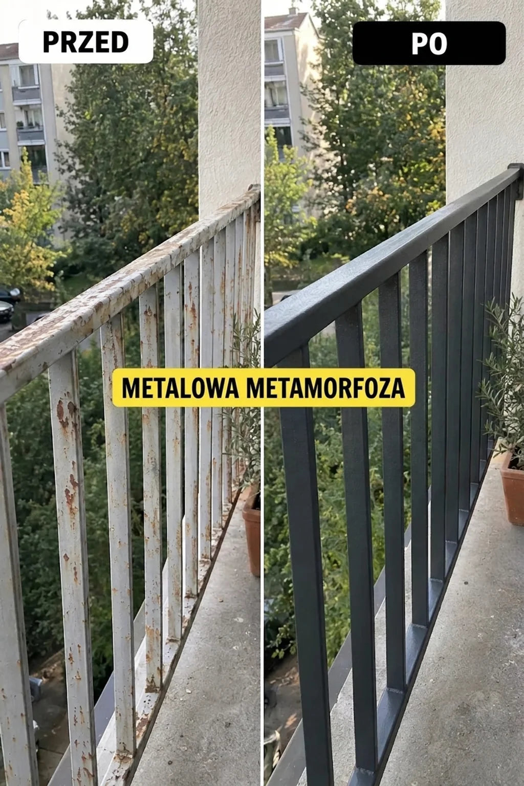 Przed i po: zardzewiała, stara metalowa balustrada balkonu i odnowiona, pomalowana na ciemnoszary kolor.