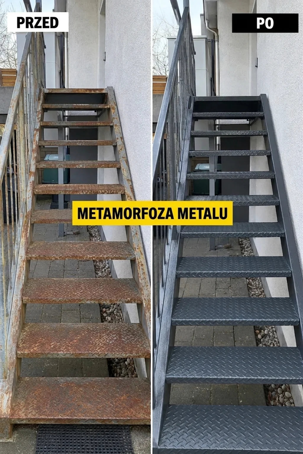 PRZED i PO: Zardzewiałe metalowe schody odnowione ciemnoszarą farbą, wyglądające jak nowe.