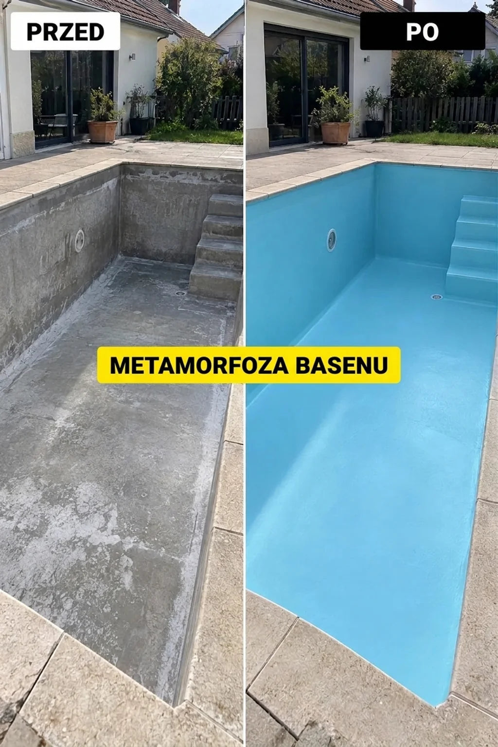 Zdjęcie przed i po. Po lewej stary, brudny basen betonowy, po prawej odnowiony basen w jasnym błękicie.
