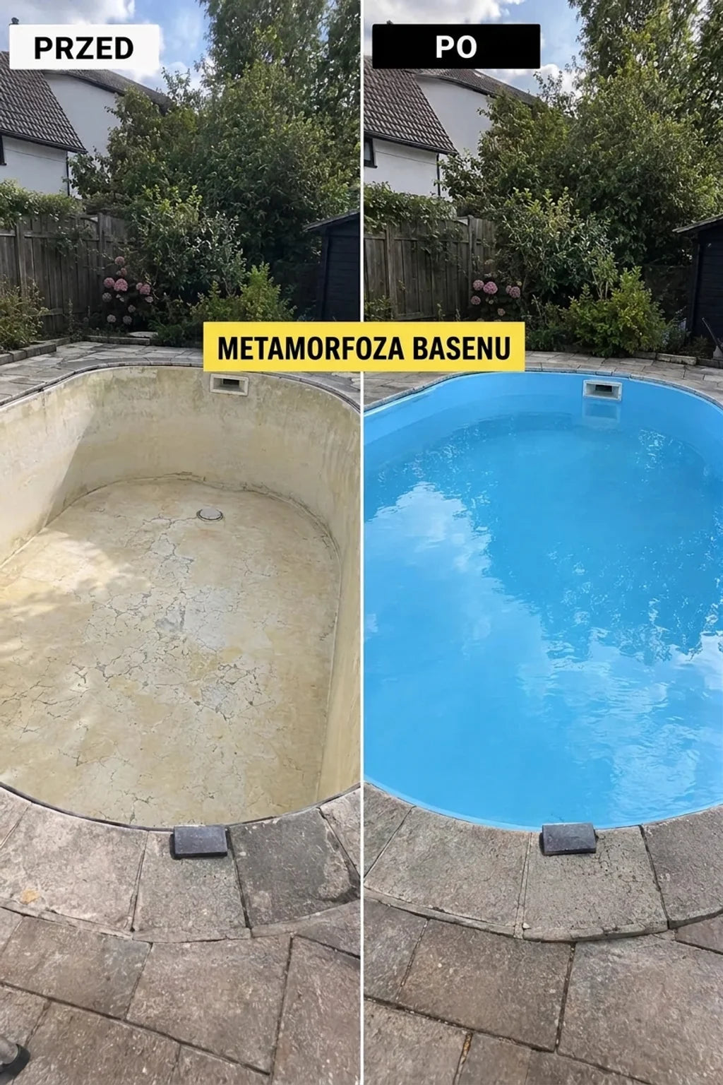 Metamorfoza basenu: brudny, pusty basen przed renowacją i czysty, wypełniony błękitną wodą po niej.