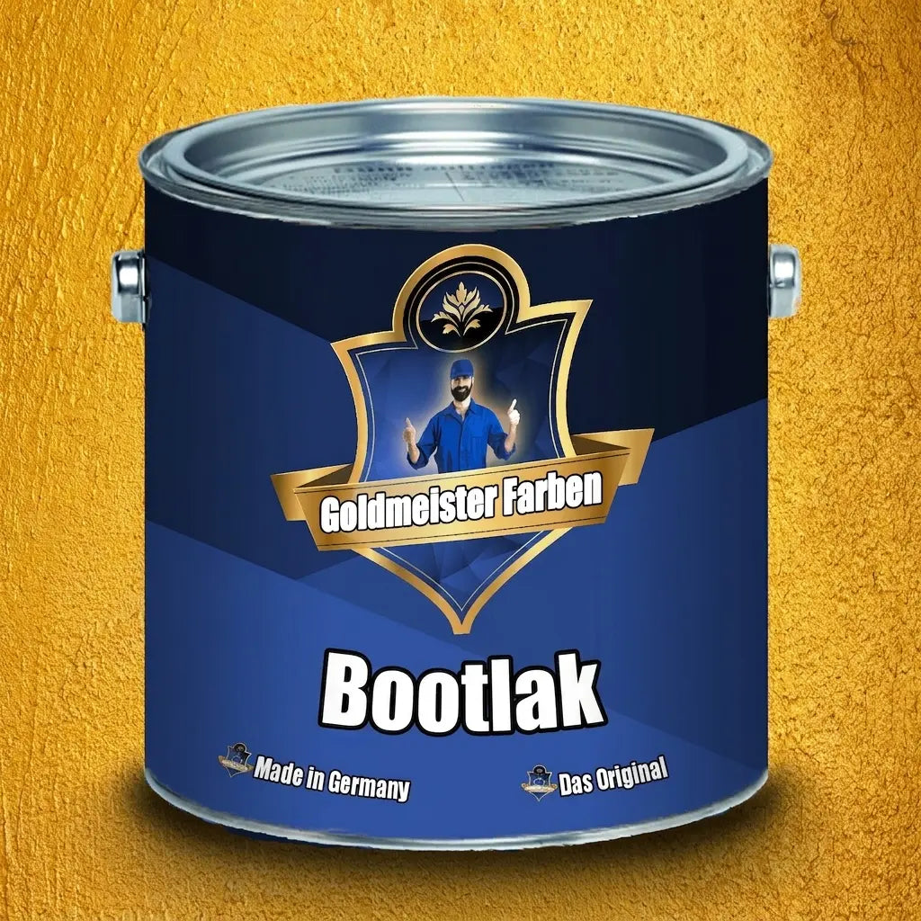 Blauwe Goldmeister Kleuren bootlak, 'Gemaakt in Duitsland' en 'Het Origineel' op het label.