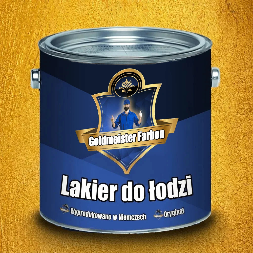 Puszka farby Goldmeister Farben, lakier do łodzi Bootslack. Napisy: Made in Germany, Das Original. Na złotym tle.