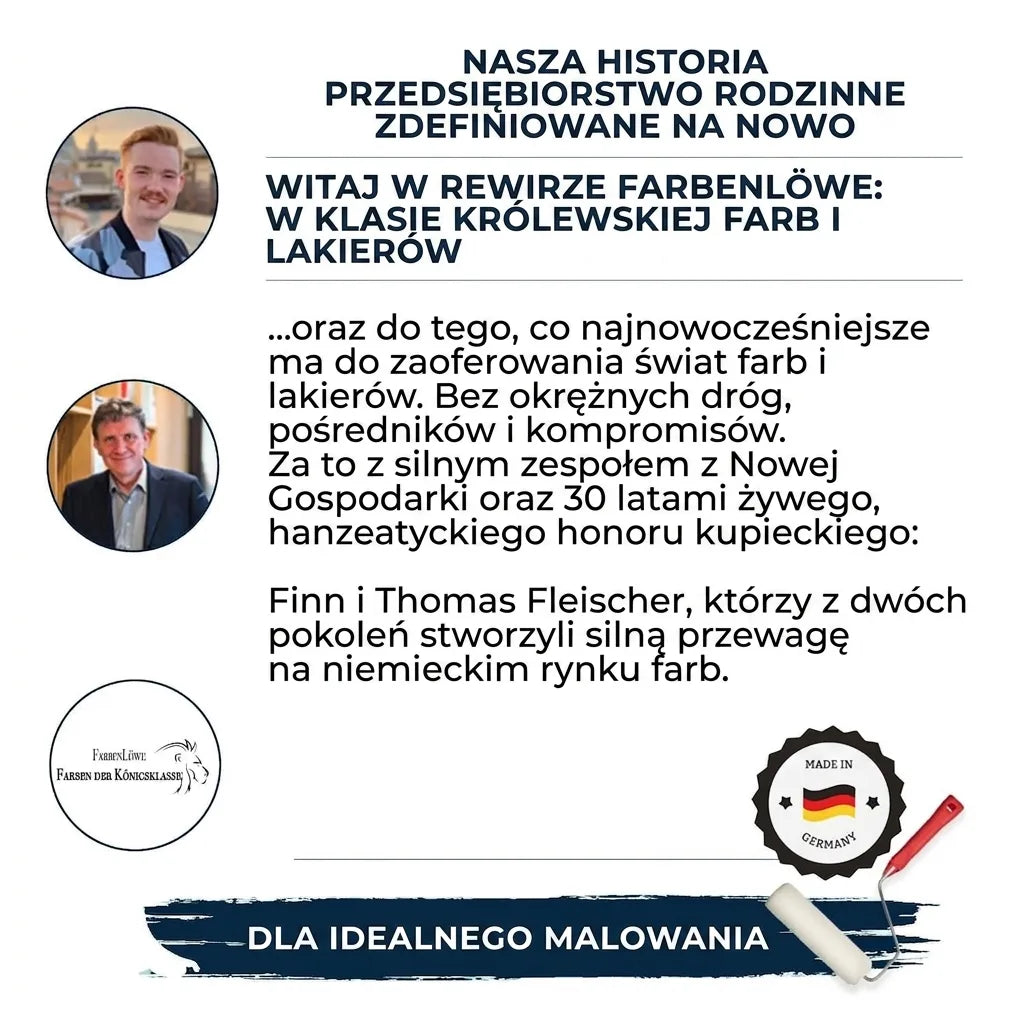 Historia rodzinnej firmy FarbenLöwe z Niemiec, oferującej farby premium. Wizerunki właścicieli, logo, wałek i pędzel.