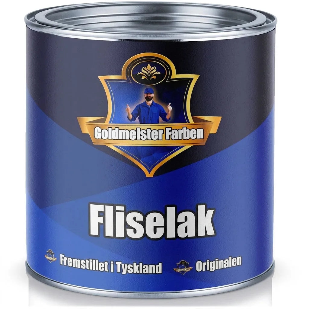 Blå Goldmeister Maling fliselak dåse med en mand der giver tommelfinger op, teksten 'Made in Germany' og 'Originalen'.