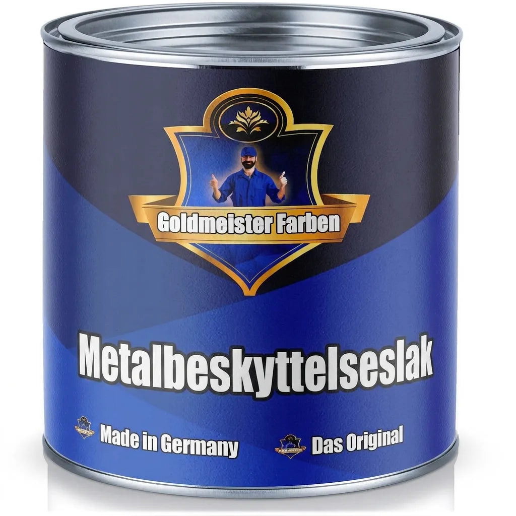 Blå malerbøtte med Goldmeister Farben metalbeskyttelseslak. Fremstillet i Tyskland, det originale produkt.