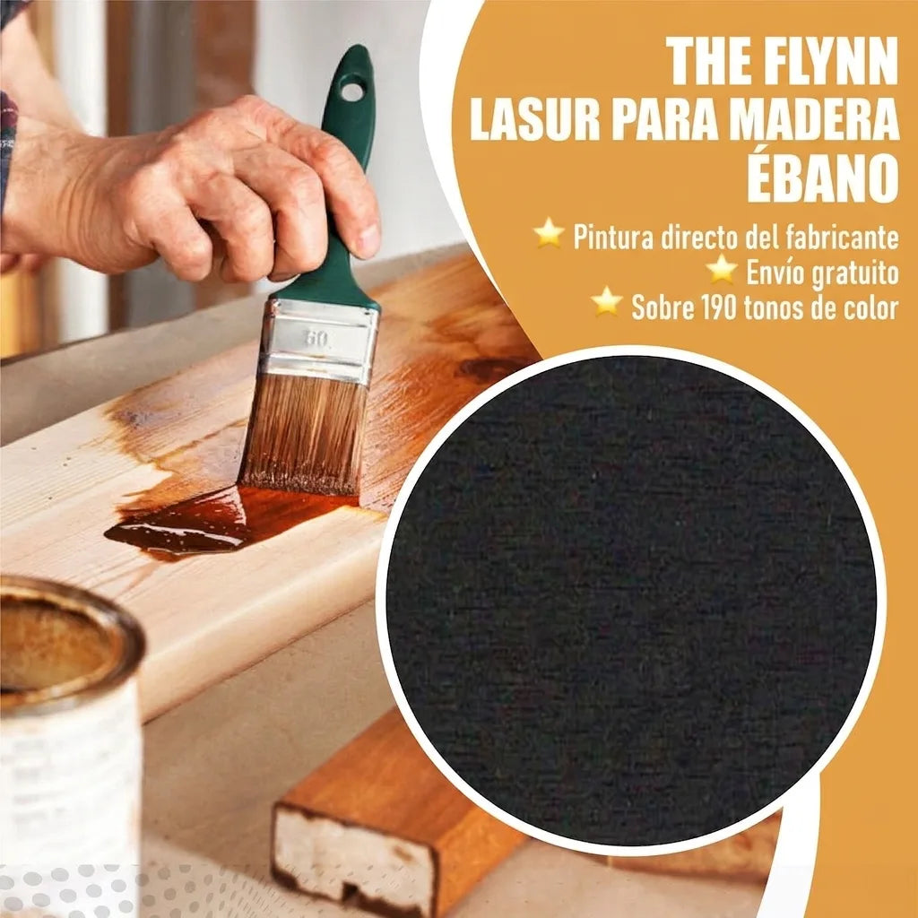 Tinte para madera THE FLYNN Ébano. Mano tiñendo madera y muestra de color. Envío gratis, +190 tonos.