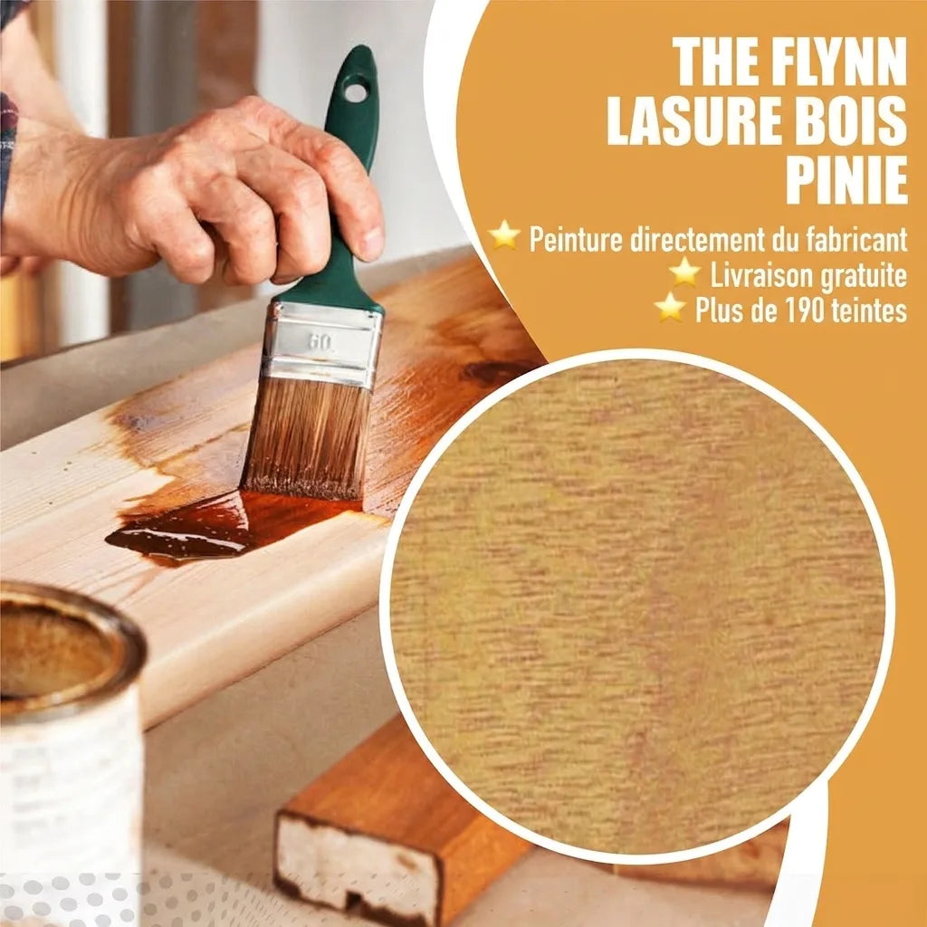 Application lasure bois Flynn Pinie. Zoom texture bois. Texte allemand: livraison gratuite, plus de 190 couleurs.
