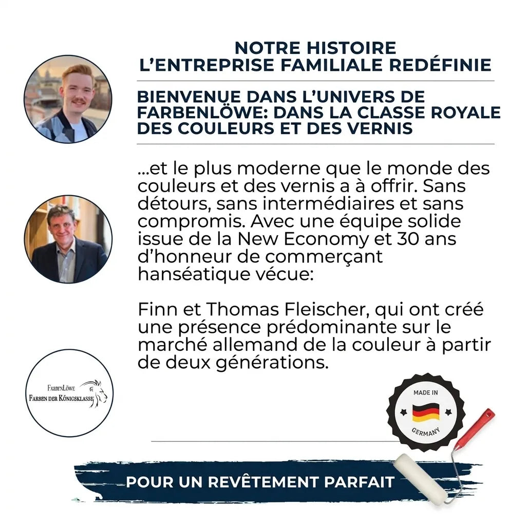 Présentation de Farbenlöwe avec portraits, texte sur l'entreprise familiale et ses peintures, logo 'Made in Germany'.