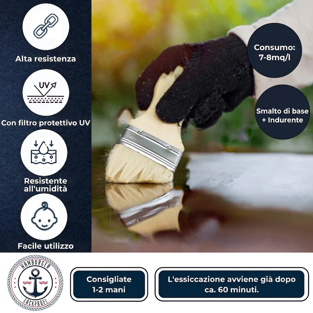 Vernice con protezione UV, resistente all'umidità e facile da usare, asciuga in 60 min. Dettagli applicazione.