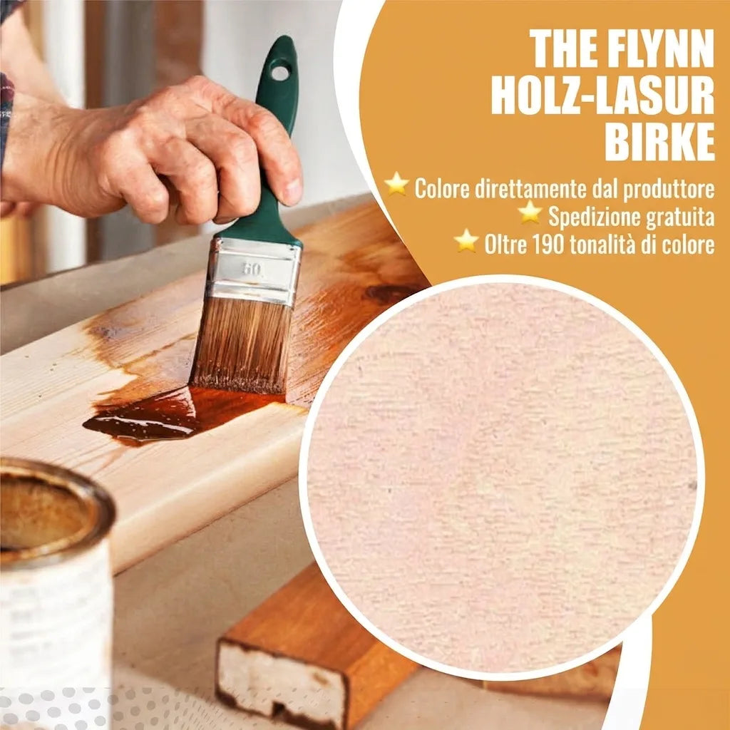 Persona che applica vernice per legno Flynn color betulla con pennello, con dettagli su spedizione gratuita e 190 colori.