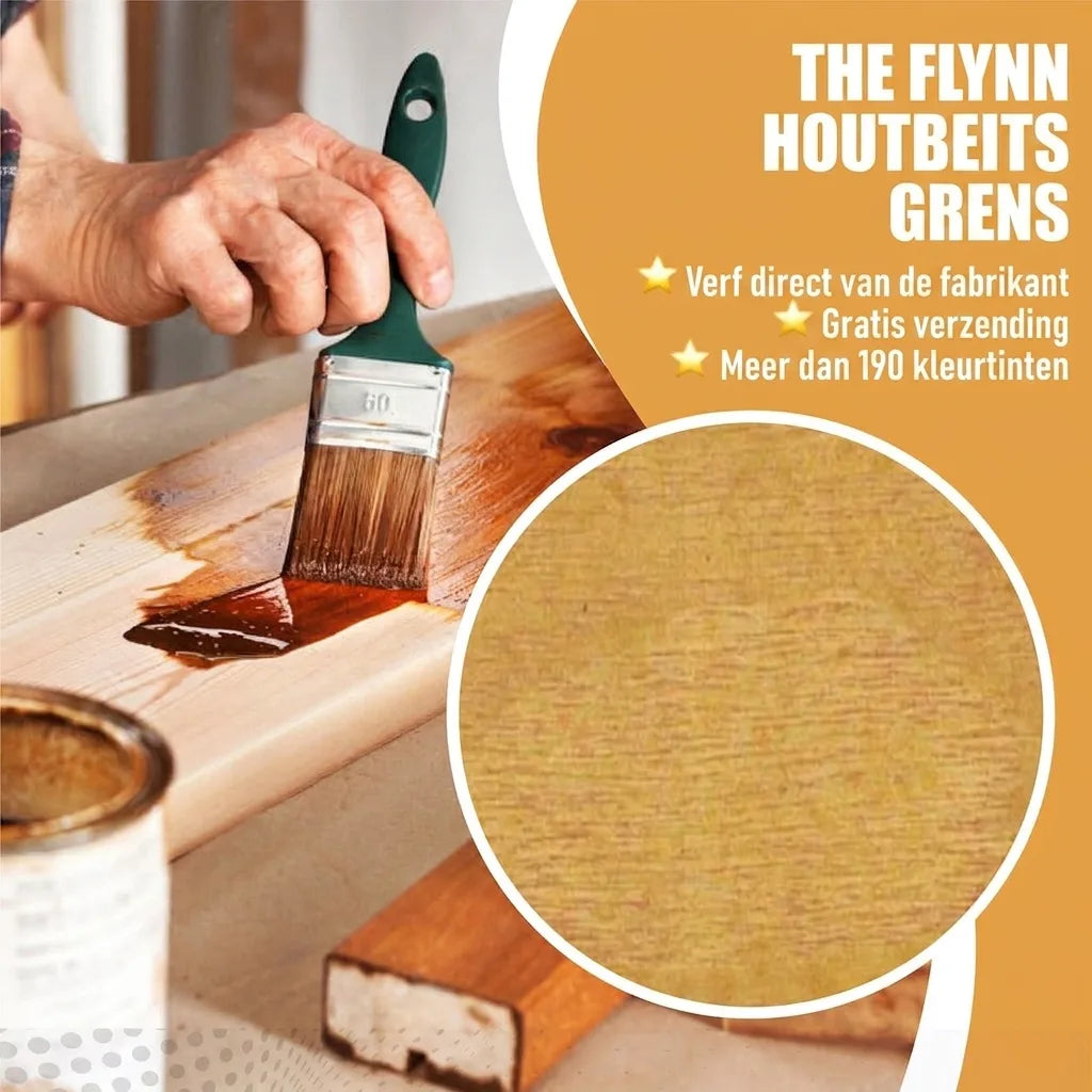 Hand beitsen houten plank met kwast, toont Flynn houtbeits grenen. Met close-up grenenhouttextuur. Direct van fabrikant, gratis verzending, 