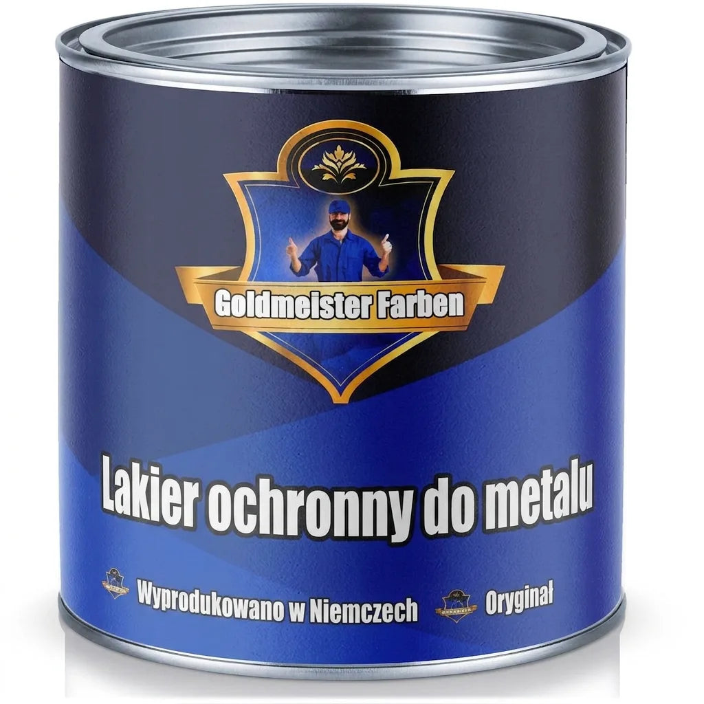 Niebieska puszka lakieru ochronnego do metalu Goldmeister Farben, z napisem "Wyprodukowano w Niemczech", "Oryginał".