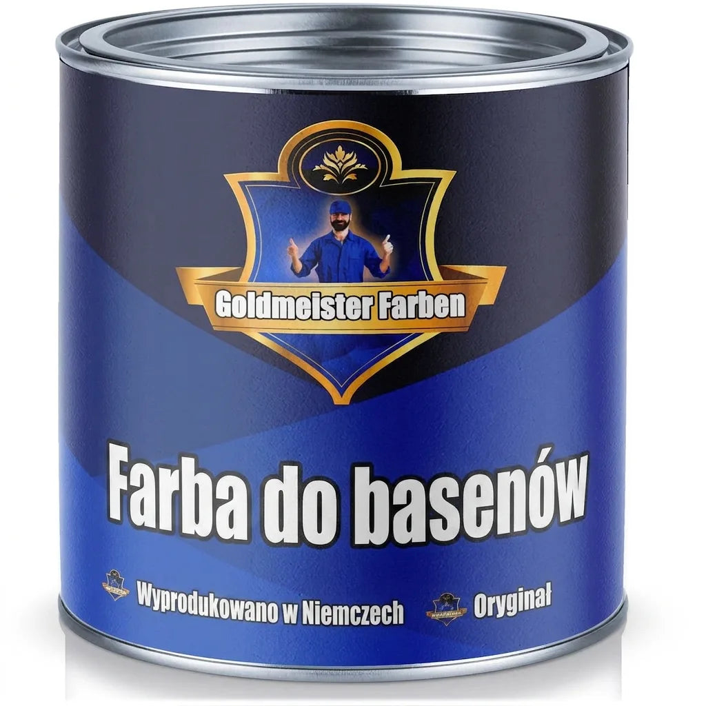 Niebieska puszka farby do basenu Goldmeister Farben. Na etykiecie „Poolfarbe”, „Made in Germany”.