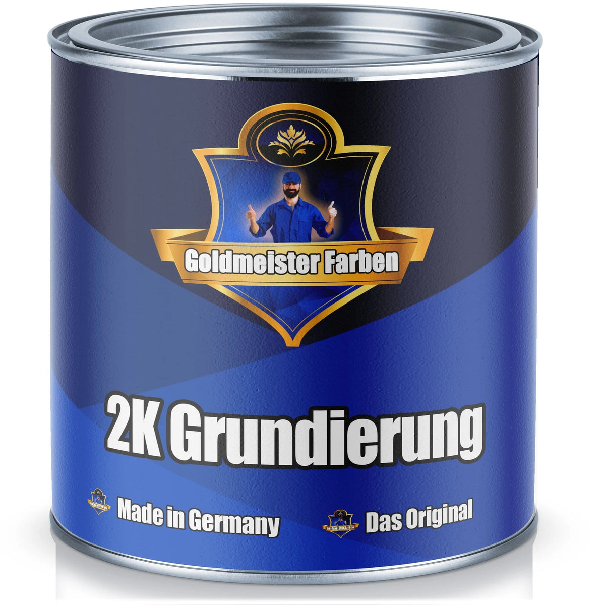 Niebieska puszka farby Goldmeister Farben "2K Grundierung", z napisem "Made in Germany" i "Das Original".