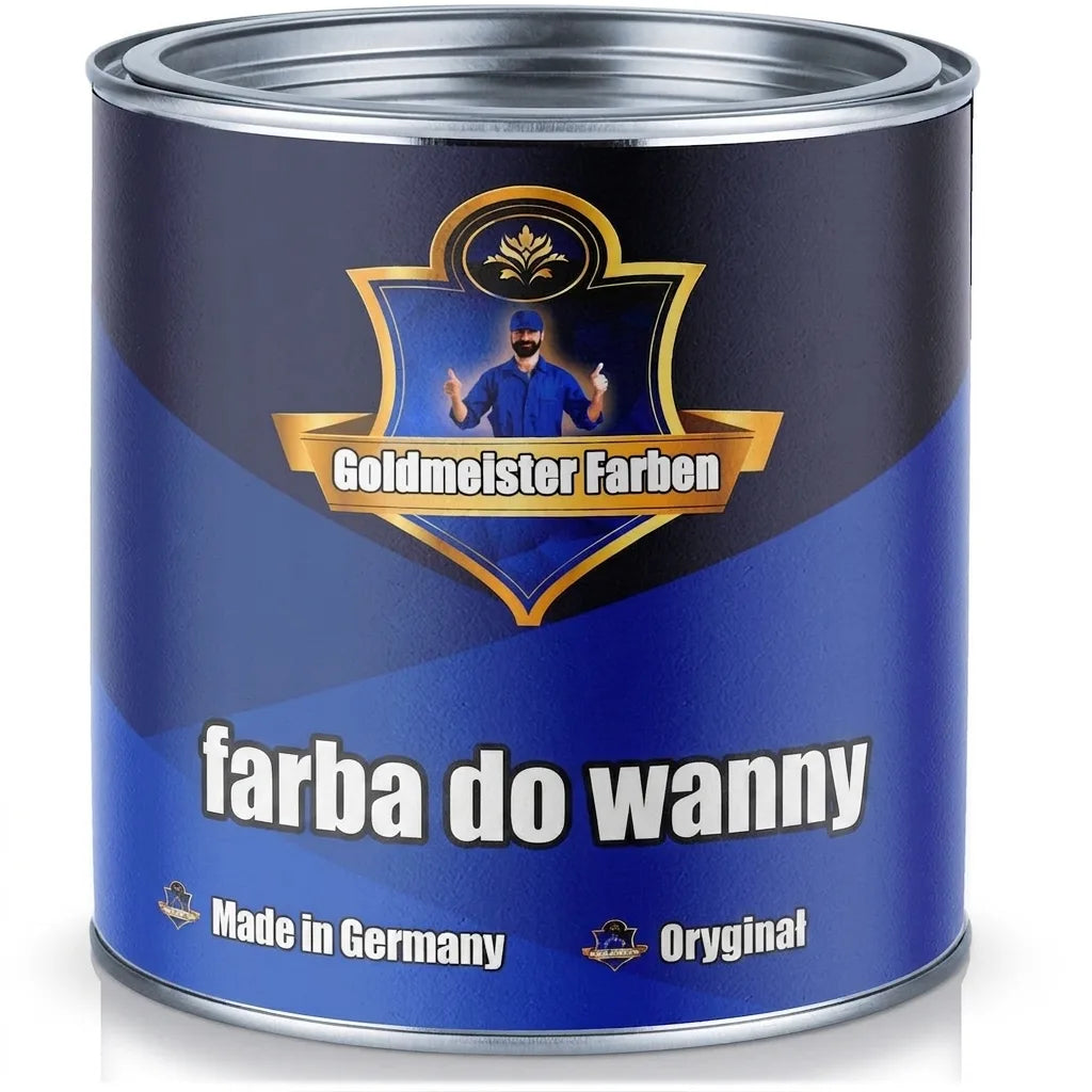 Niebieska puszka farby Goldmeister Farben Badewannenlack. Wyprodukowano w Niemczech, oryginalna farba do wanien.