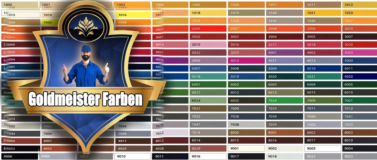 Wzornik kolorów Goldmeister Farben. Paleta barw z numerami, logo marki z uśmiechniętym mężczyzną w czapce.