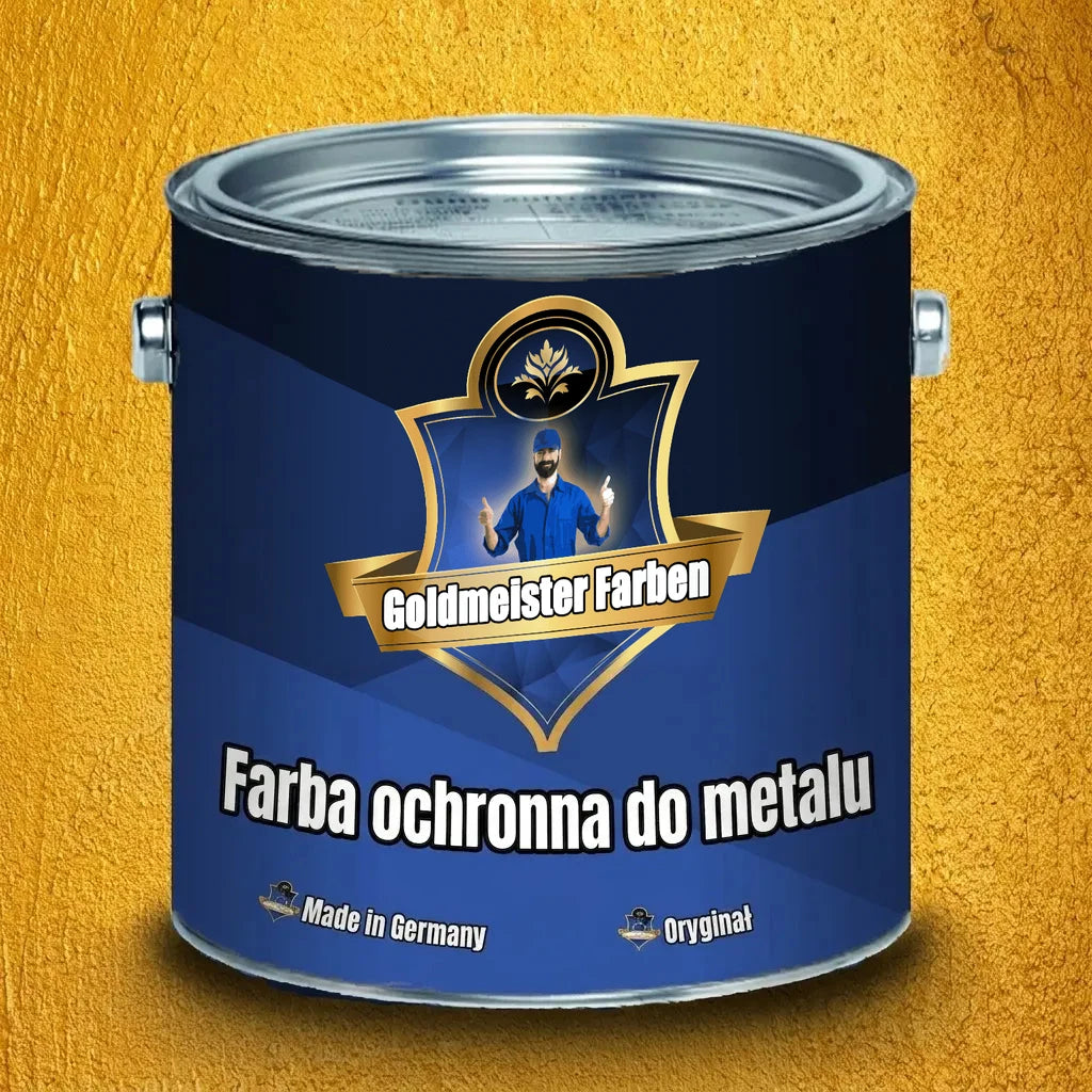 Niebieska puszka farby 'Goldmeister Farben Metallschutzfarbe', co znaczy 'farba do ochrony metalu', z etykietą Made in Germany.