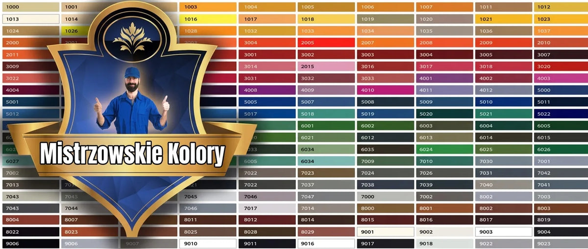 Paleta kolorów Goldmeister Farben z kodami RAL. Mężczyzna w niebieskim uniformie pokazuje kciuki w górę.