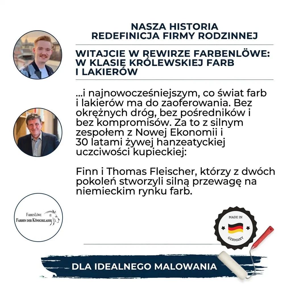 Historia firmy rodzinnej Farbenlöwe. Finn i Thomas Fleischer. Wysokiej jakości farby i lakiery, Made in Germany.