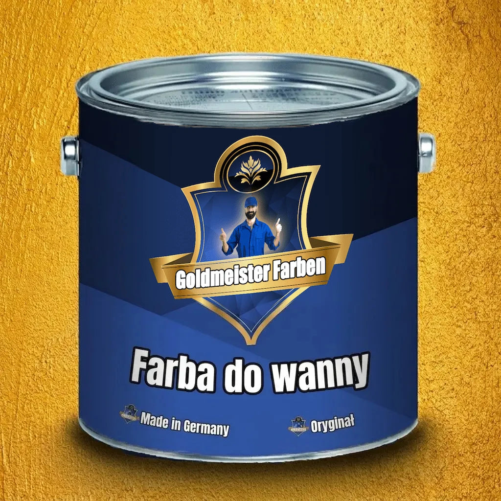 Puszka niebieskiej farby Goldmeister Farben Badewannenlack. Na etykiecie uśmiechnięty mężczyzna, napisy Made in Germany.