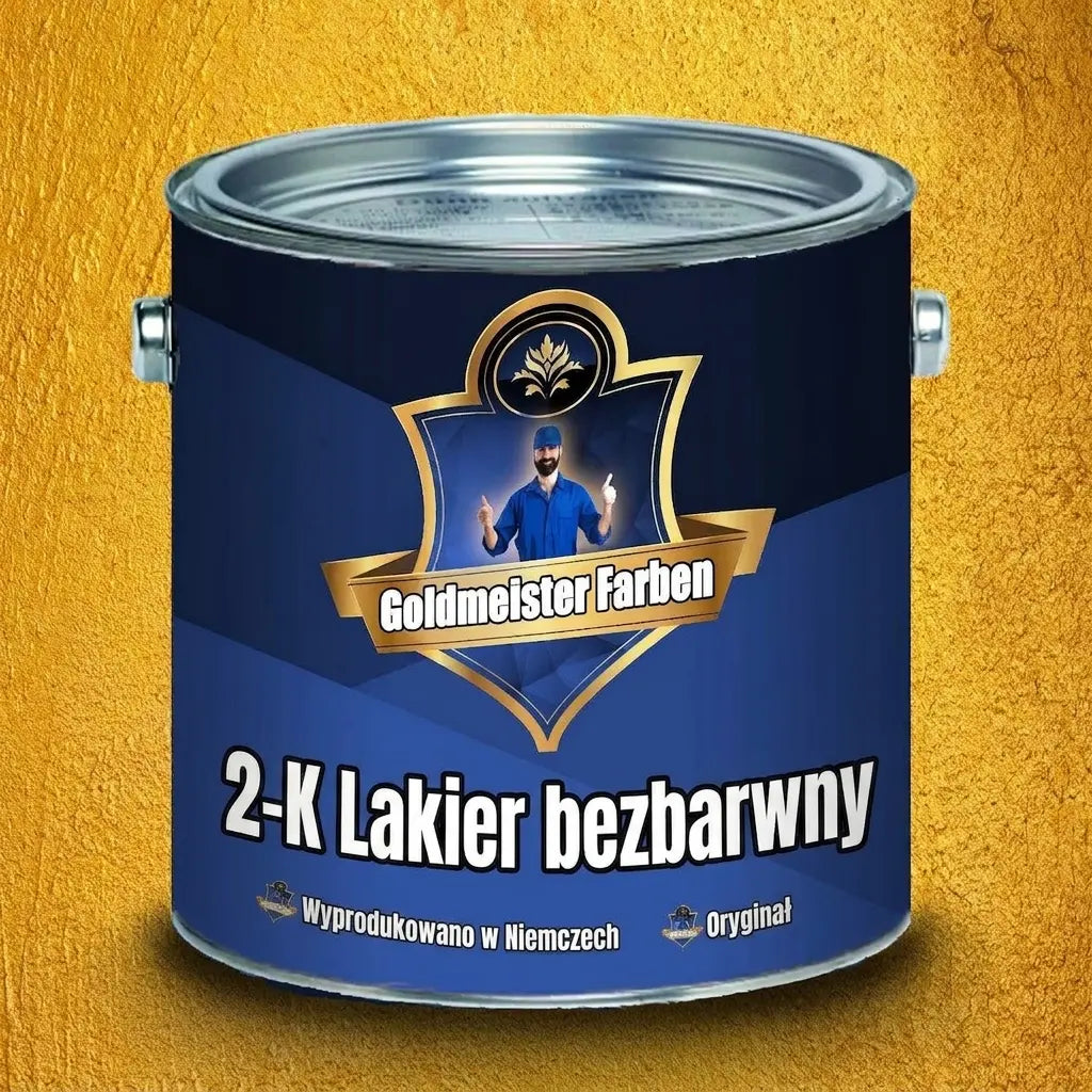 Puszka Goldmeister Farben 2-K Klarlack (lakier bezbarwny) z etykietą z mężczyzną, na złotym tle.