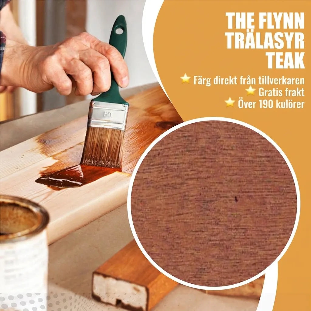 Hand penslar Flynn trälasyr Teak på trä. Närbild visar teakträ. Fri frakt och över 190 färgnyanser tillgängliga.