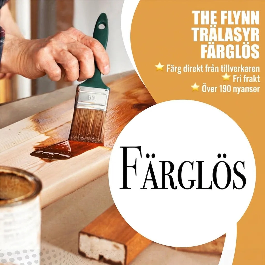 The Flynn trälasyr färglös. Person applicerar lasyr på trä. Direkttillverkare, fri frakt, över 190 nyanser.