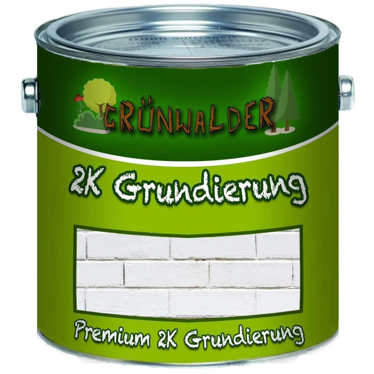 Zielona puszka farby GRÜNWALDER, podkład 2K premium. Widoczny wzór białych cegieł, drzewa i krzewy.