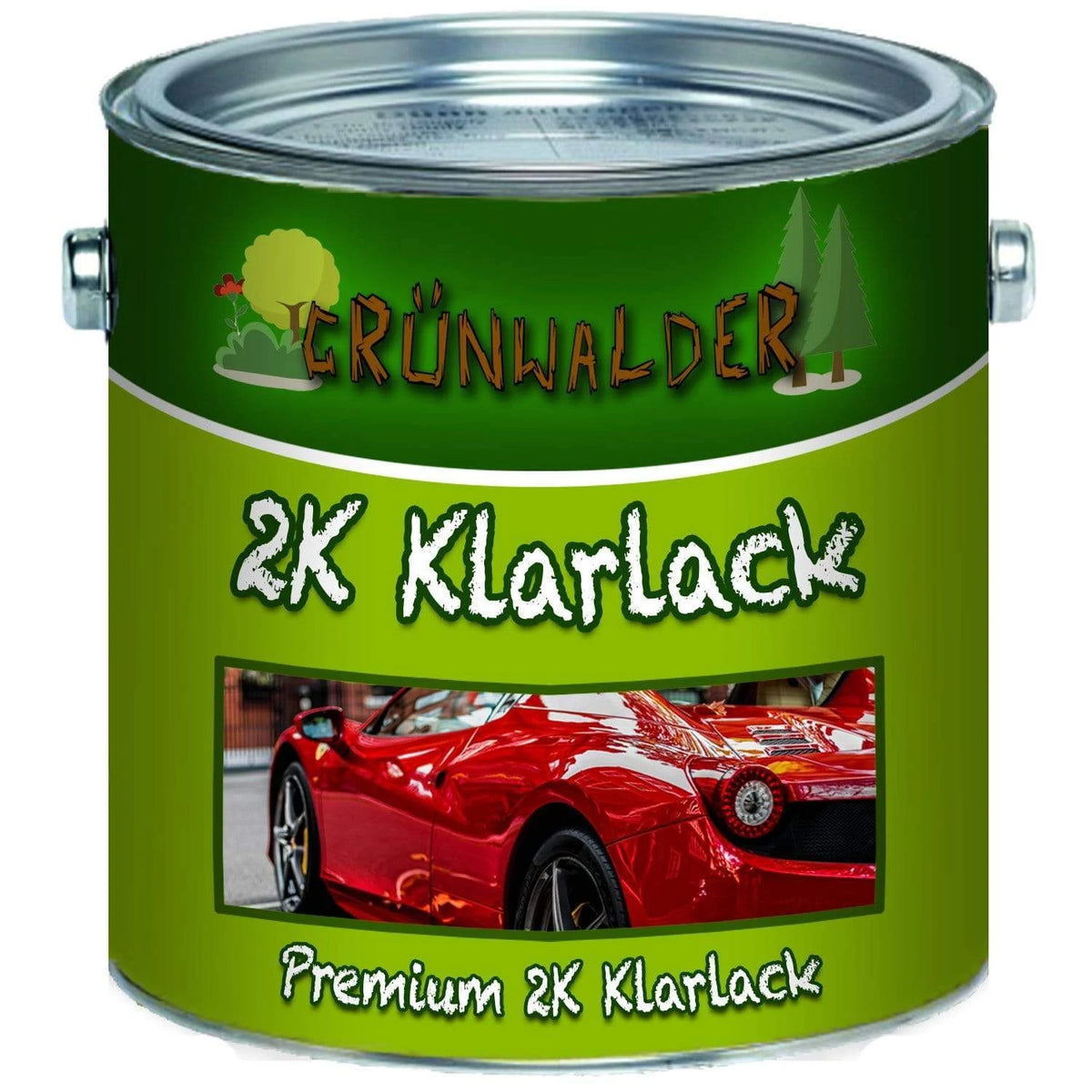 Puszka farby Grünwalder 2K Klarlack z obrazkiem czerwonego samochodu, "Premium 2K Klarlack"