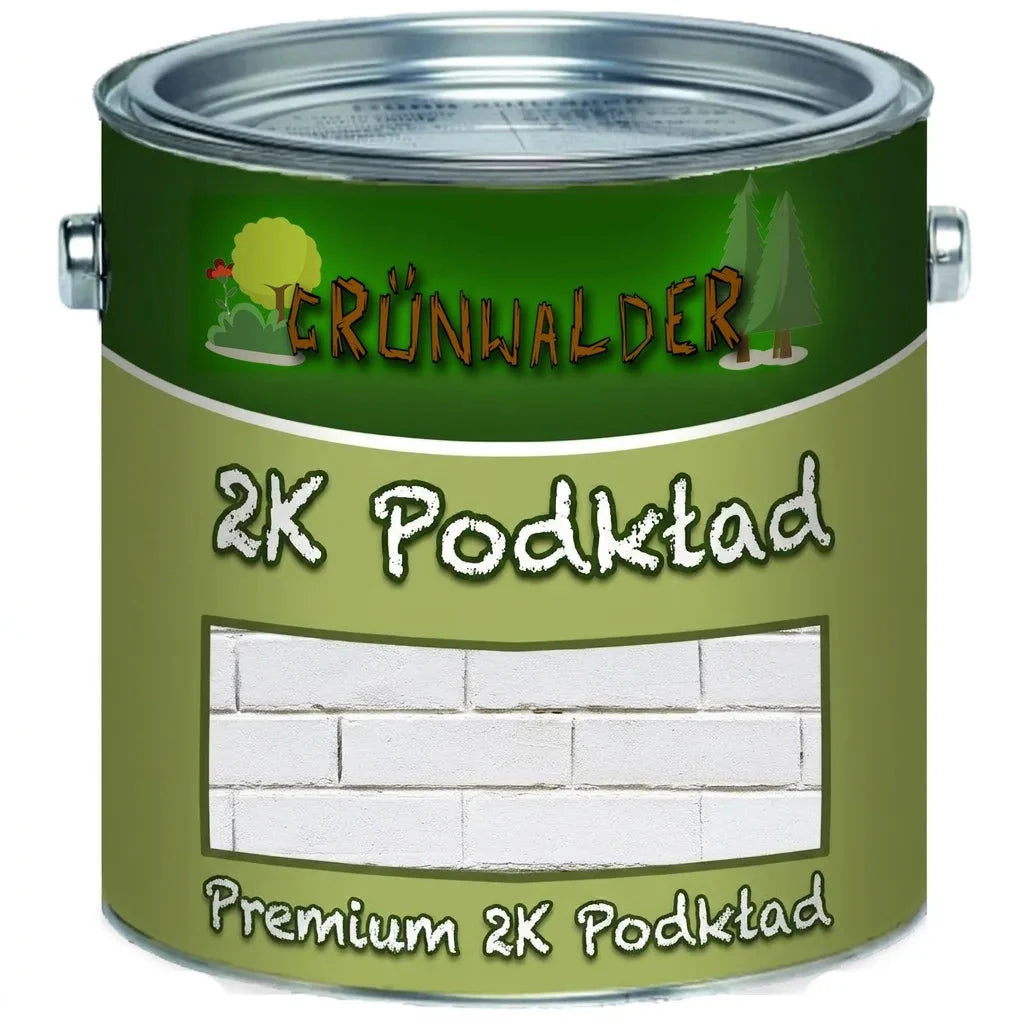 Zielona puszka farby GRÜNWALDER, podkład 2K premium. Widoczny wzór białych cegieł, drzewa i krzewy.