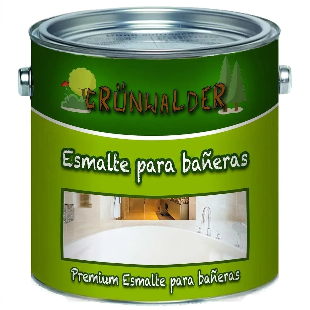 Lata de pintura premium Grünwalder para bañeras. Esmalte blanco para restaurar y proteger superficies de baño.
