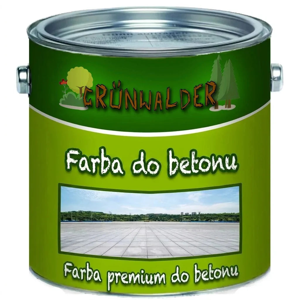 Puszka zielonej farby do betonu Grünwalder Premium Betonfarbe z obrazkiem posadzki betonowej.