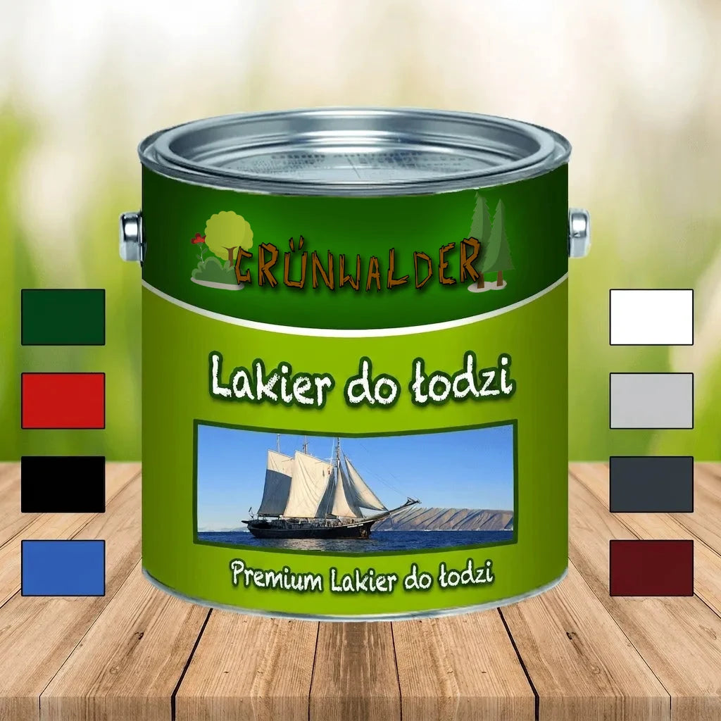 Puszka lakieru do łodzi Grünwalder Premium Bootslack z paletą kolorów na drewnianym tle.