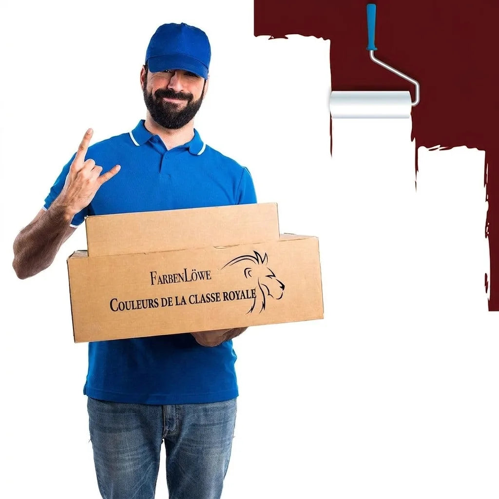 Livreur souriant en bleu, présentant des cartons de peinture FarbenLöwe (couleurs royales) et un rouleau.