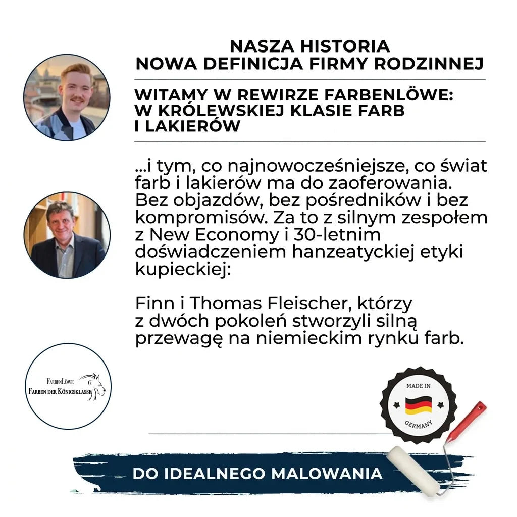 Niemiecka firma rodzinna Farbenlöwe, Finn i Thomas Fleischer, oferująca wysokiej jakości farby i lakiery. Made in Germany.