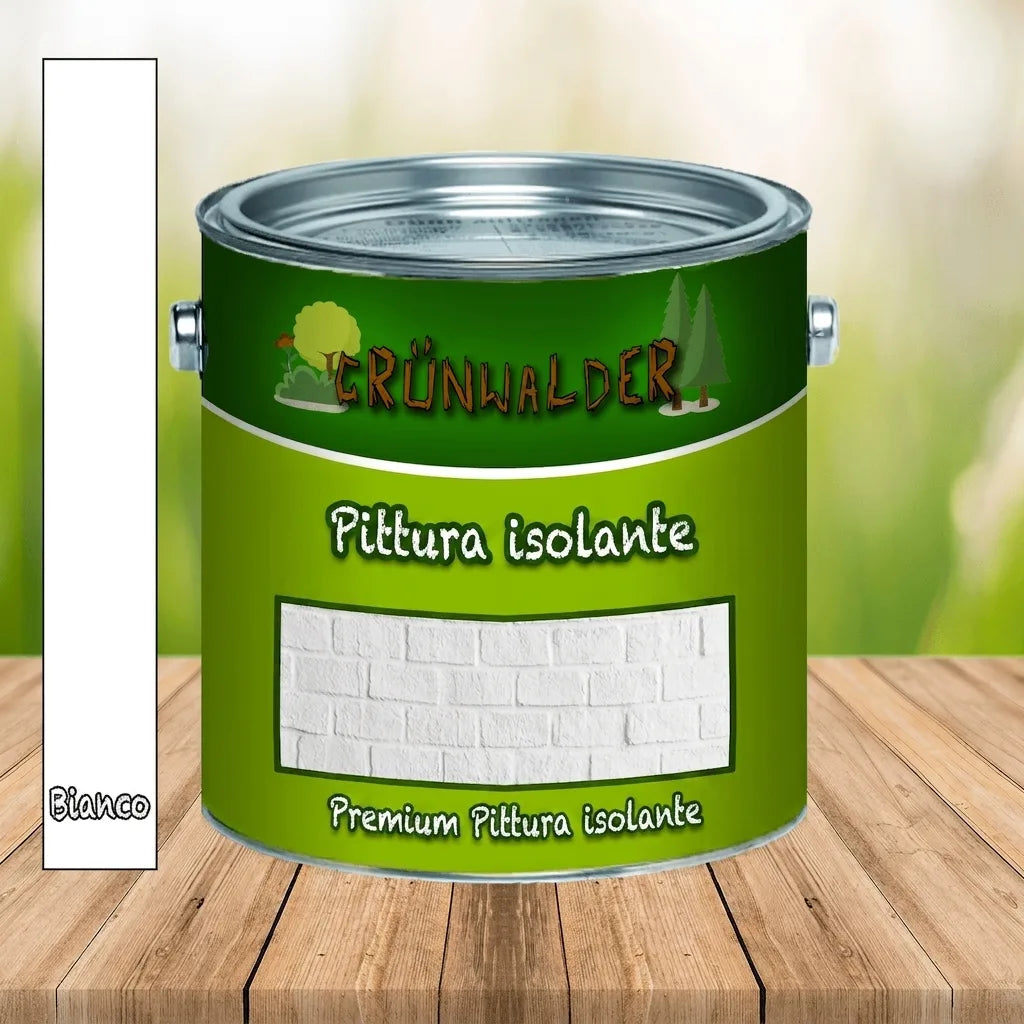 Barattolo di pittura isolante Grünwalder Premium bianca su tavolo in legno, con etichetta 'Weiß'.
