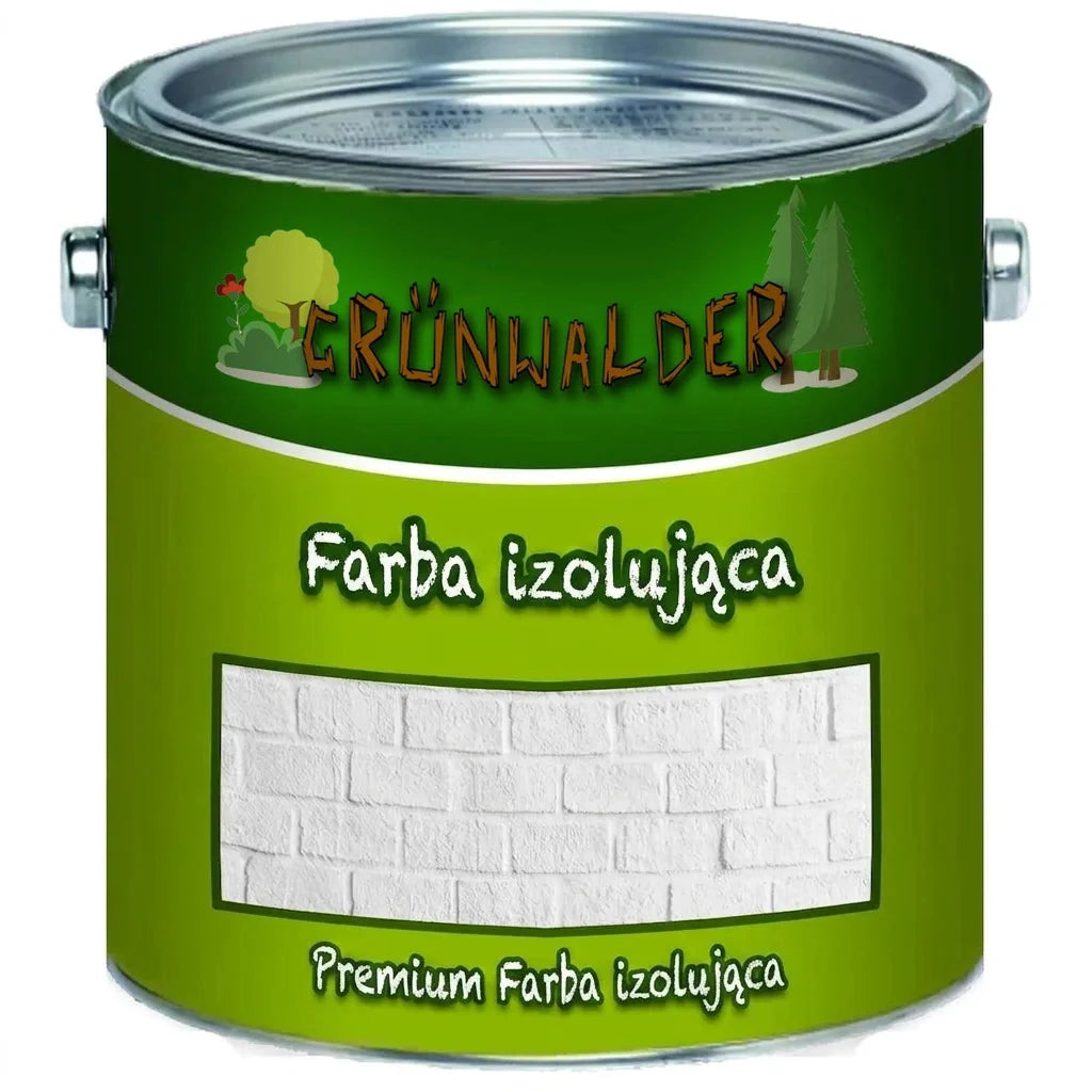 Zielona puszka farby izolacyjnej GRÜNWALDER Premium, z ilustracjami drzew i teksturą białej cegły.