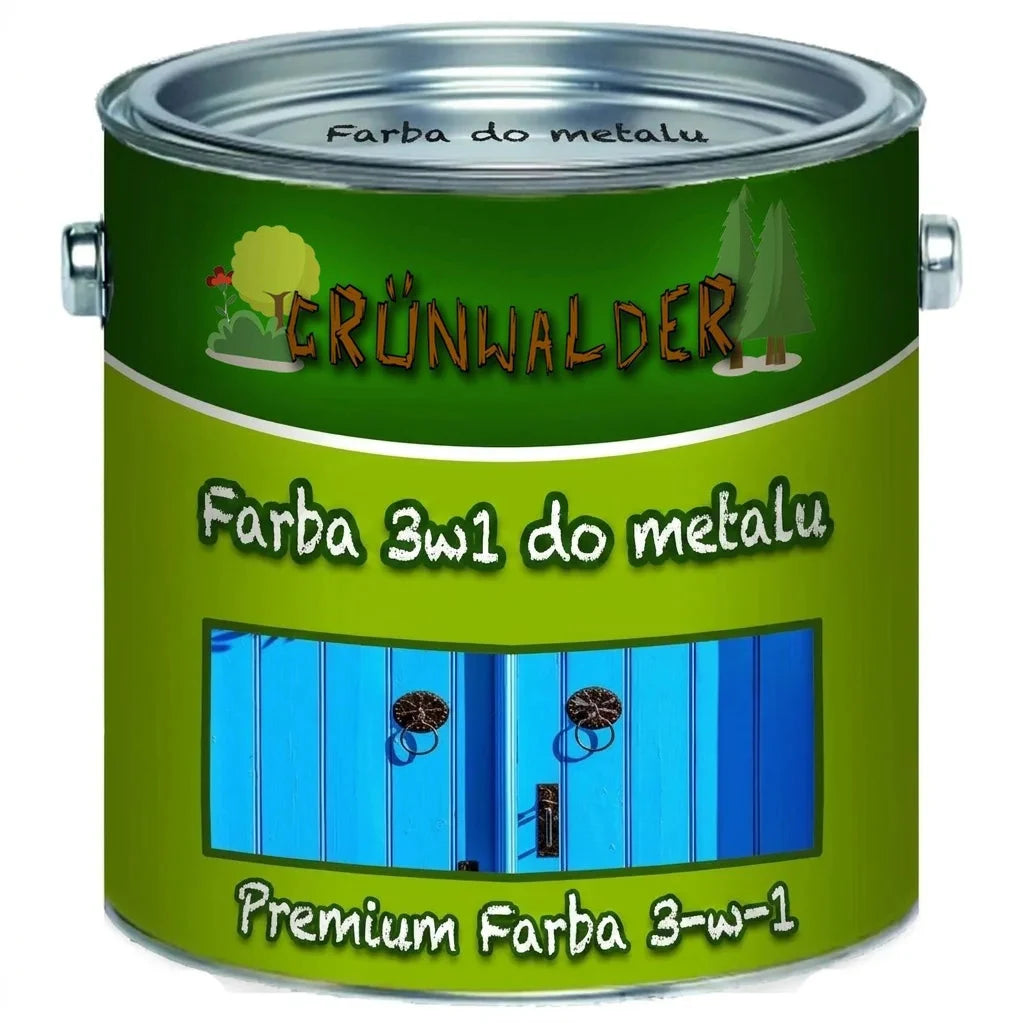 Zielona puszka farby ochronnej do metalu Grünwalder 3w1 Premium, na etykiecie niebieskie drzwi.