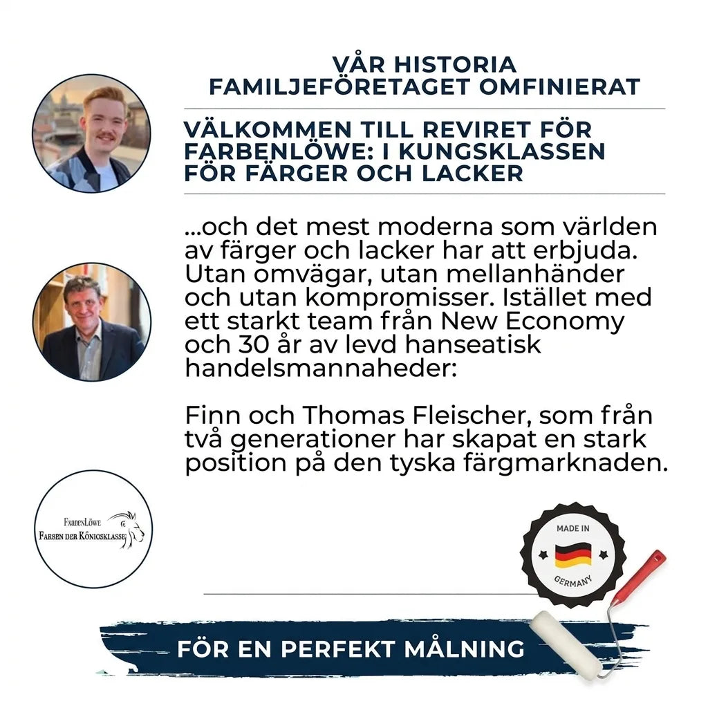 Farbenlöwe: Tyskt familjeföretag för färg & lack. Modern kvalitet, 'Made in Germany'. Finn & Thomas Fleischer.