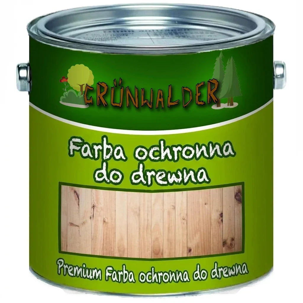Puszka farby do ochrony drewna Grünwalder. Widoczny napis „Holzschutzfarbe” i próbka naturalnego drewna.