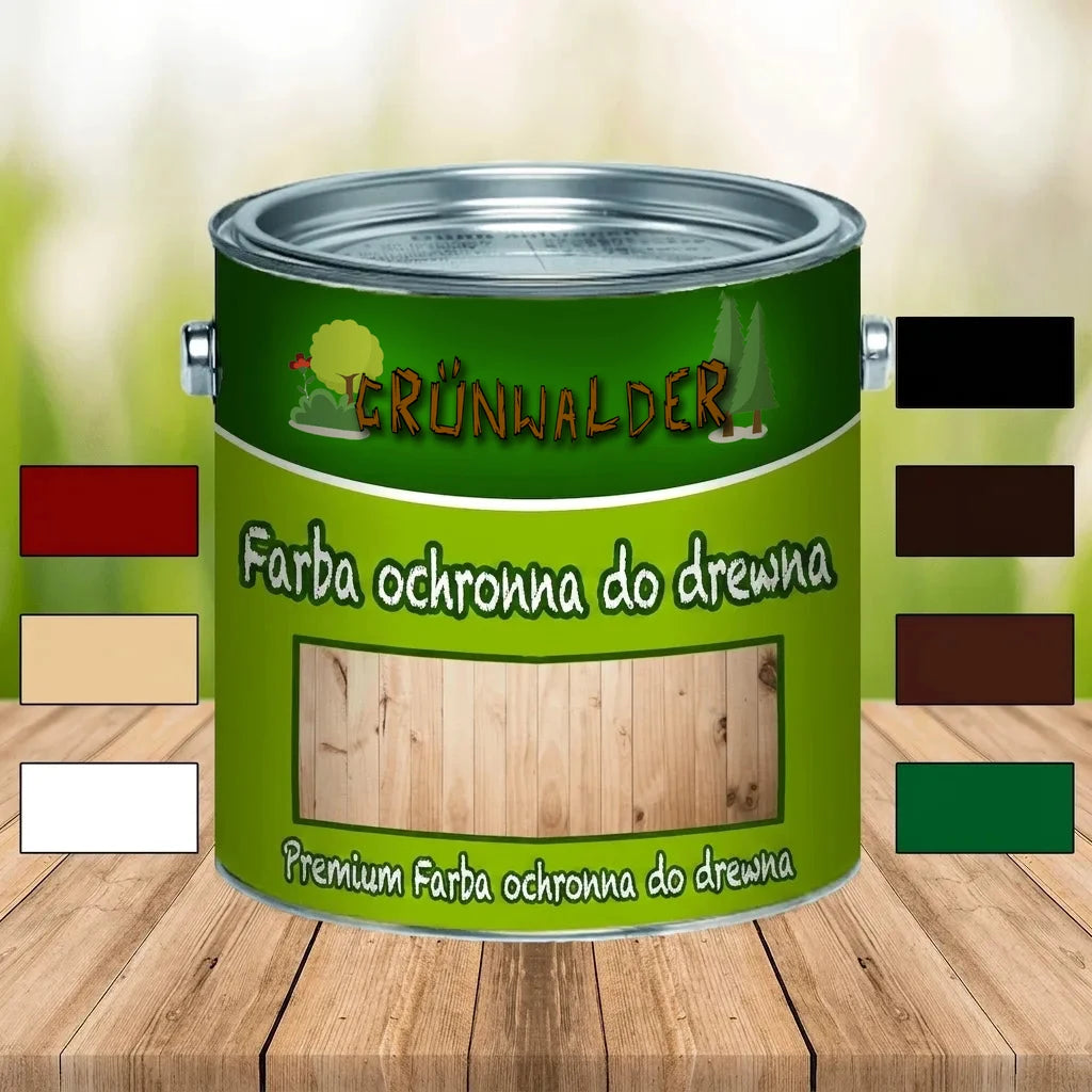 Puszka farby ochronnej do drewna Premium Grünwalder na drewnianym blacie, z widocznymi próbkami kolorów.