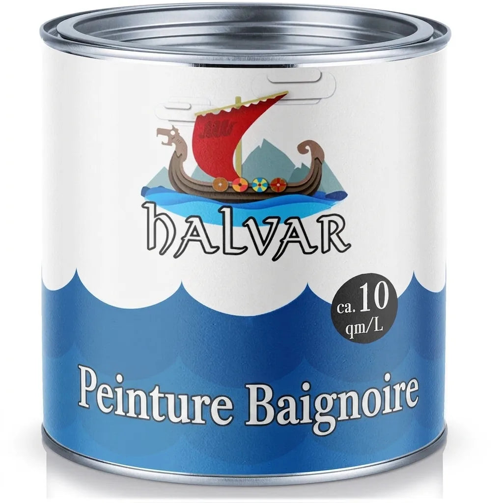 Pot de peinture HALVAR pour baignoire, avec logo de drakkar. Rendement d'environ 10 m²/L.