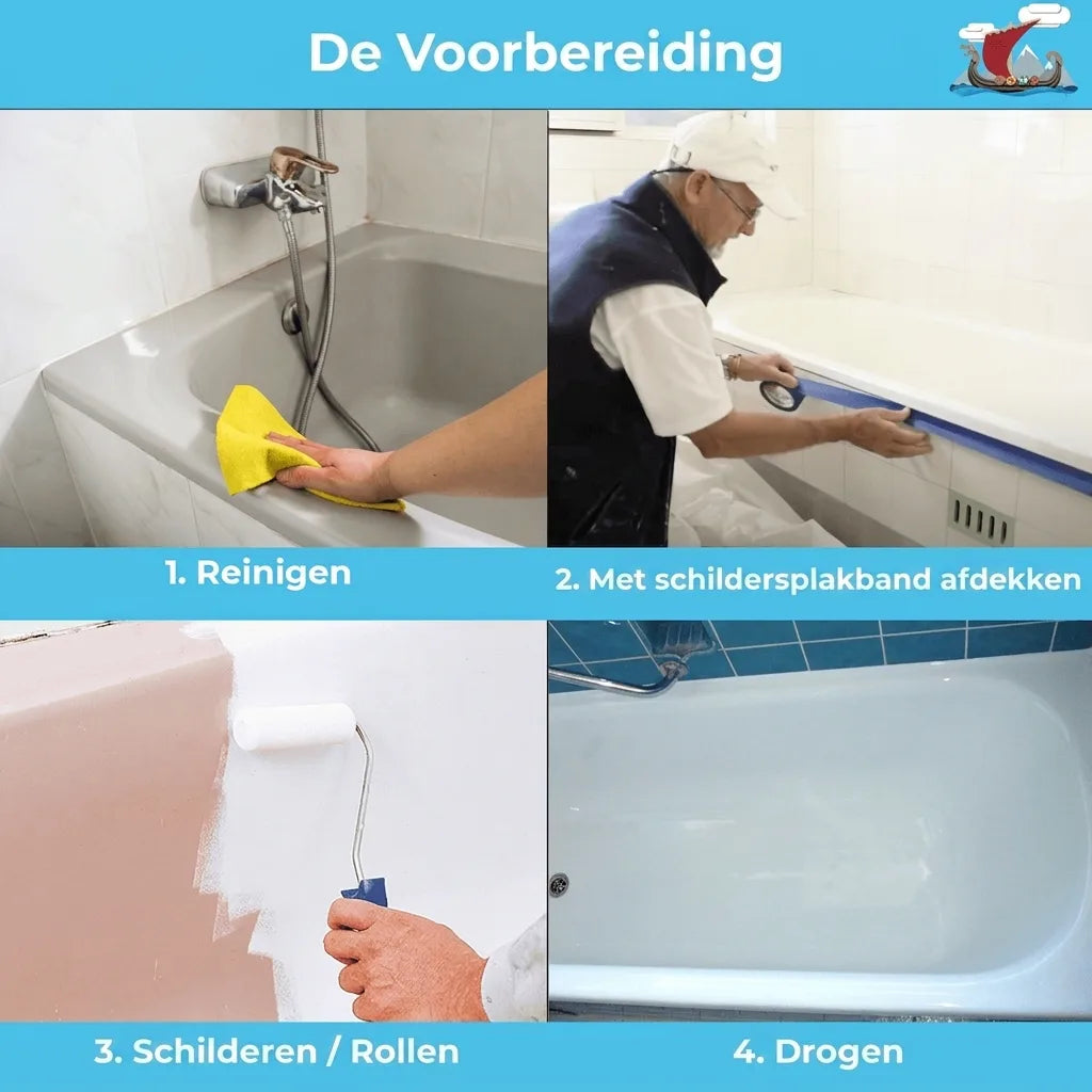 Stappenplan voor badkuiprenovatie: reinigen, afplakken met schilderstape, verven/rollen en drogen.