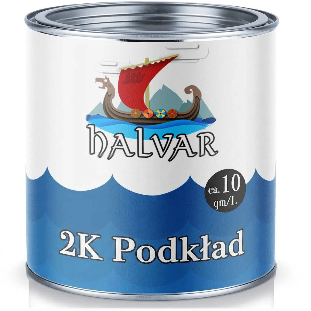 Puszka farby HALVAR: podkład dwuskładnikowy (2K Grundierung), logo statek wikingów, wydajność ok. 10 m²/L.