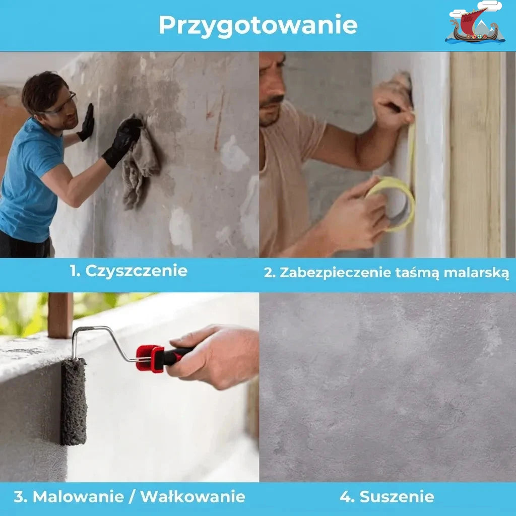 Cztery kroki przygotowania powierzchni: 1. Czyszczenie, 2. Zaklejanie taśmą malarską, 3. Malowanie/wałkowanie, 4. Suszenie.