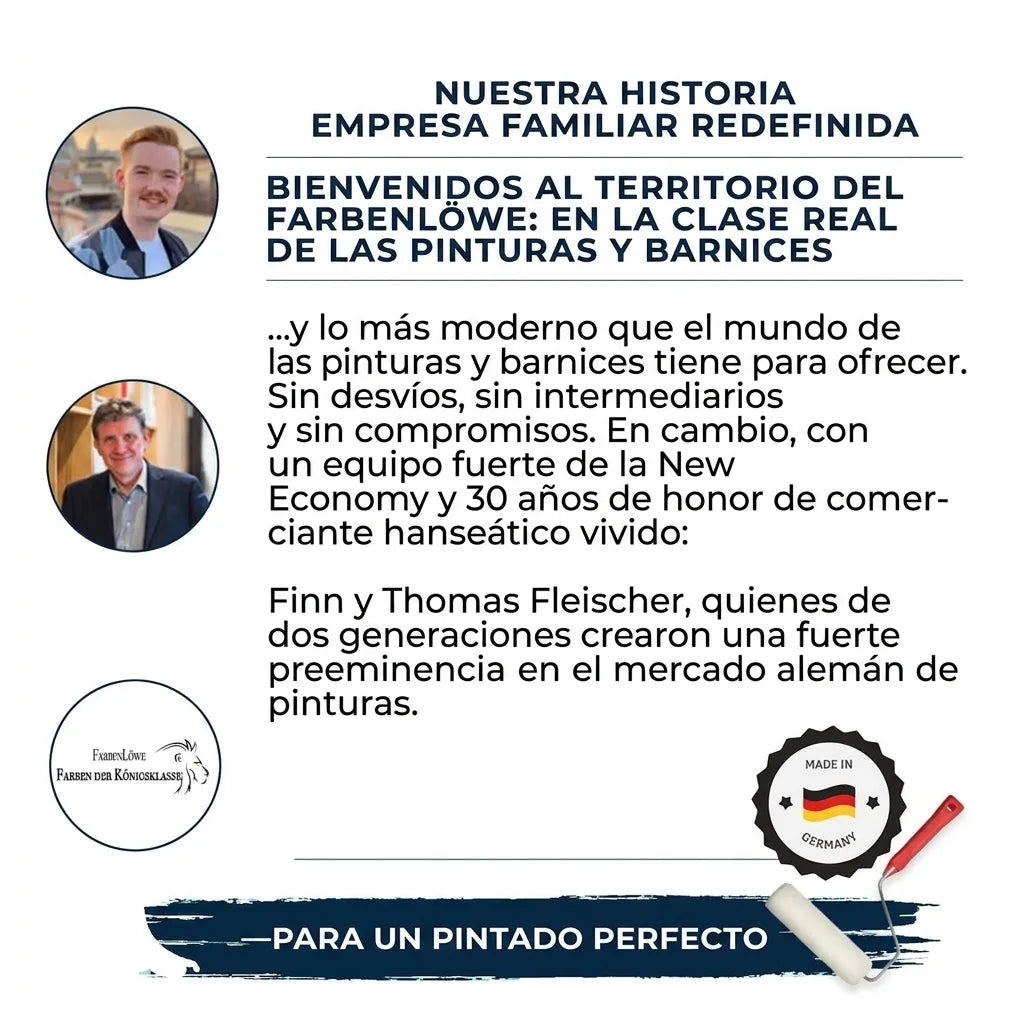 Información sobre Farbenlöwe, negocio familiar de pinturas y barnices de Finn y Thomas Fleischer, dos generaciones.