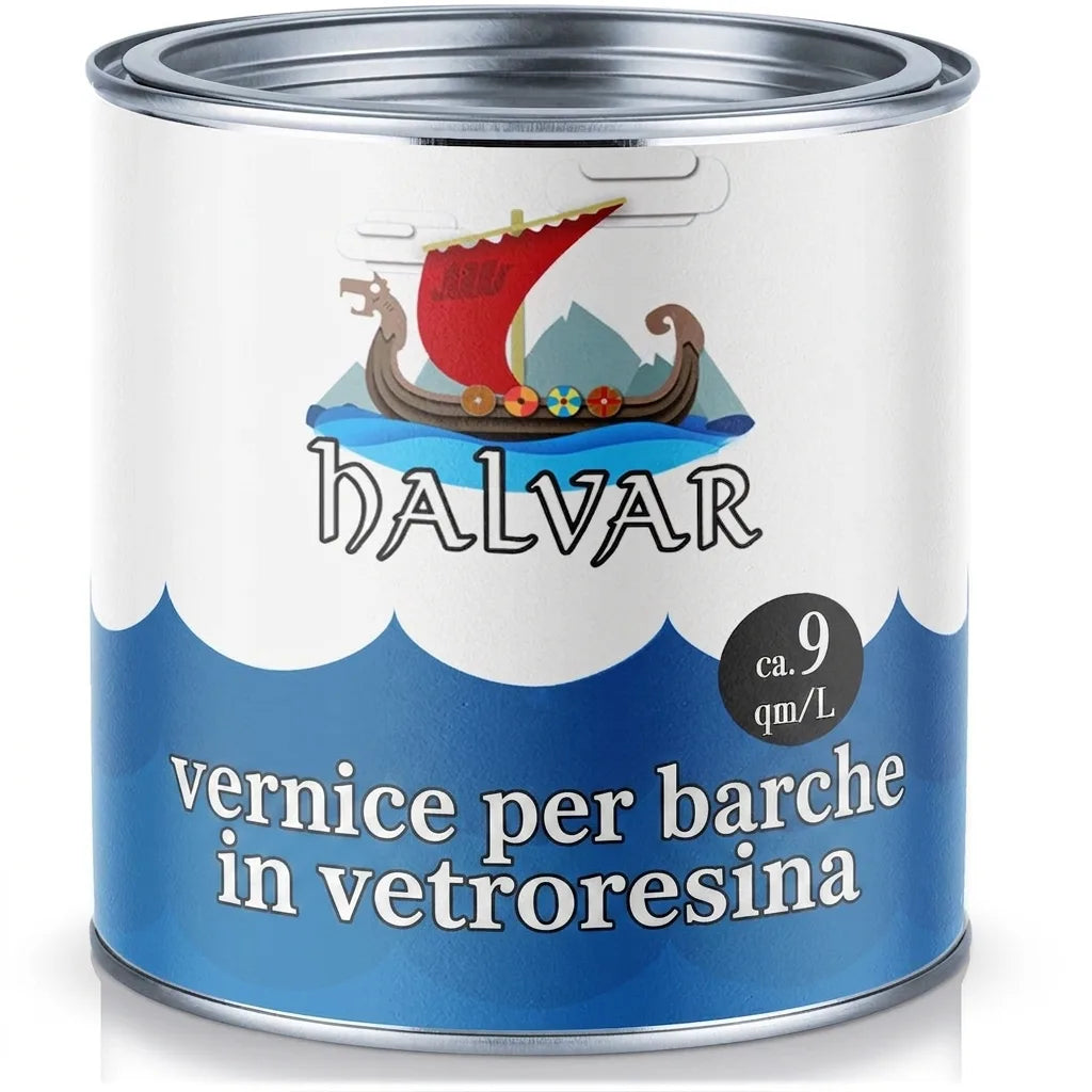 Lattina di vernice per barche Halvar con logo nave vichinga e indicazione di copertura (ca. 9 mq/L).