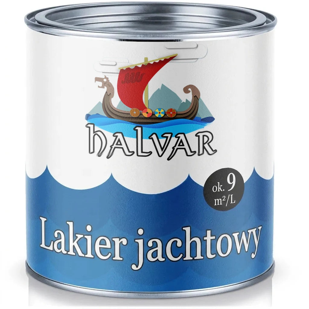 Puszka lakieru do łodzi Halvar, pokrycie ok. 9 m²/L, z logo łodzi Wikingów.