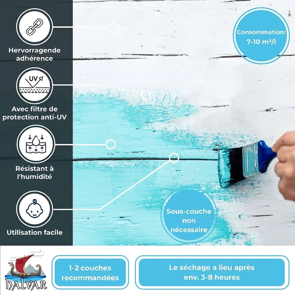 Publicité peinture bois turquoise HALVAR : application, adhérence, protection UV, résistance humidité, facile, sans apprêt, séchage 3-8h, 7-