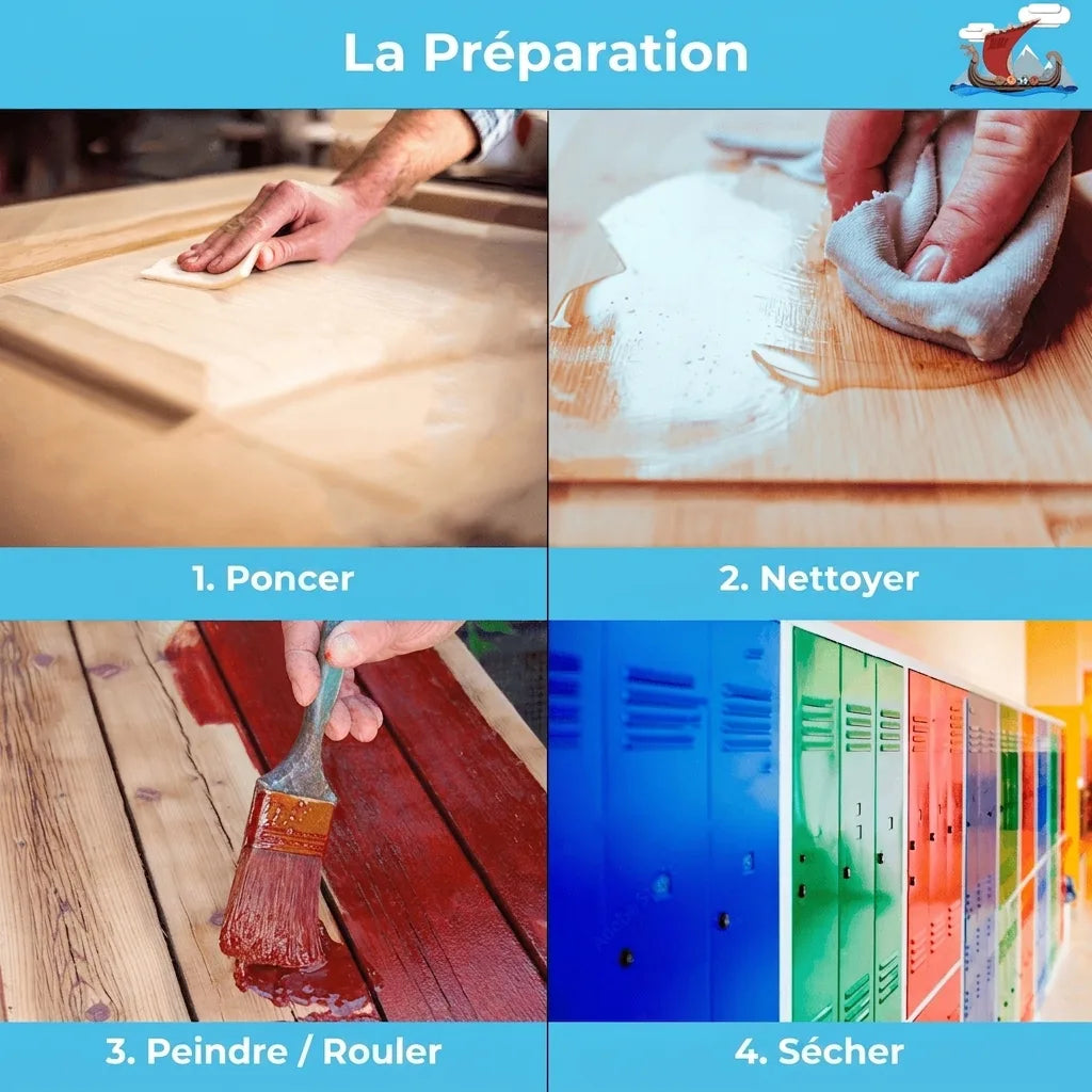 Guide de préparation de surface en 4 étapes : poncer, nettoyer, peindre et laisser sécher.